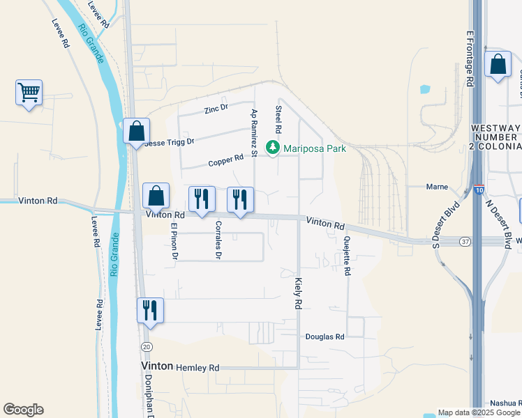 map of restaurants, bars, coffee shops, grocery stores, and more near 8000 Ap Ramirez Street in Vinton