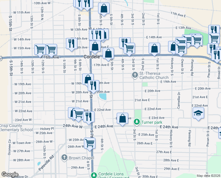 map of restaurants, bars, coffee shops, grocery stores, and more near 216 East 20th Avenue in Cordele