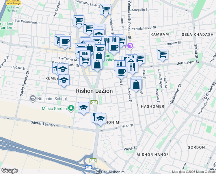 map of restaurants, bars, coffee shops, grocery stores, and more near in Rishon LeZion