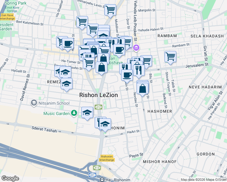 map of restaurants, bars, coffee shops, grocery stores, and more near 17 Aharon Kron Street in Rishon LeTsiyon