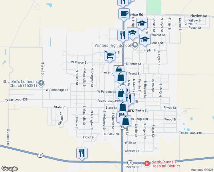 map of restaurants, bars, coffee shops, grocery stores, and more near 216 West Parsonage Street in Winters