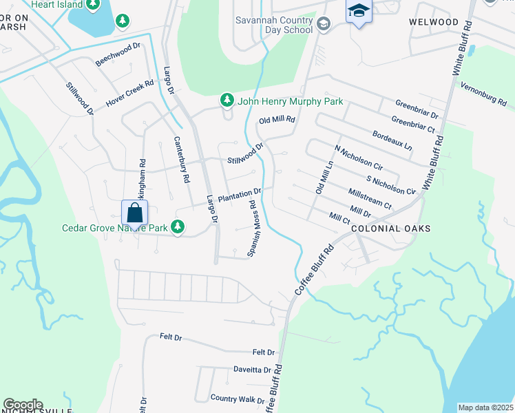 map of restaurants, bars, coffee shops, grocery stores, and more near 13208 Spanish Moss Road in Savannah