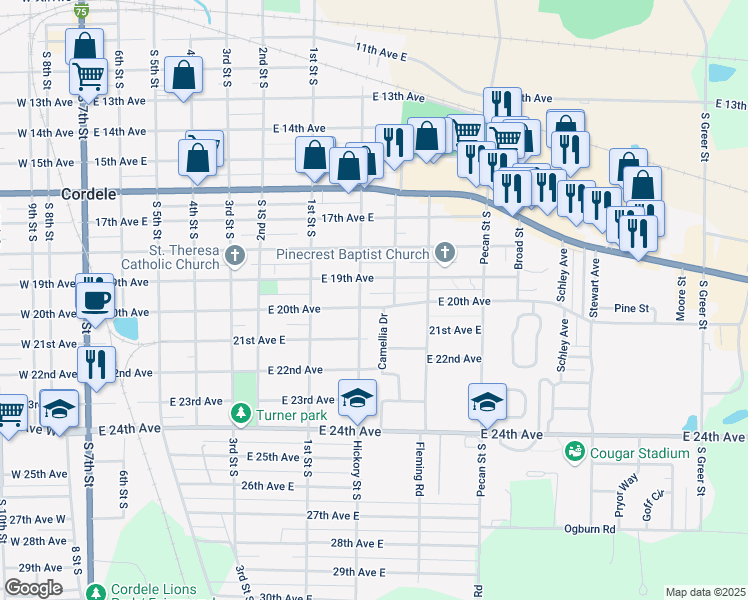 map of restaurants, bars, coffee shops, grocery stores, and more near 1003 Hickory Street South in Cordele
