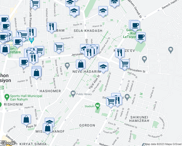 map of restaurants, bars, coffee shops, grocery stores, and more near 30 HaKukiya Street in Rishon LeTsiyon