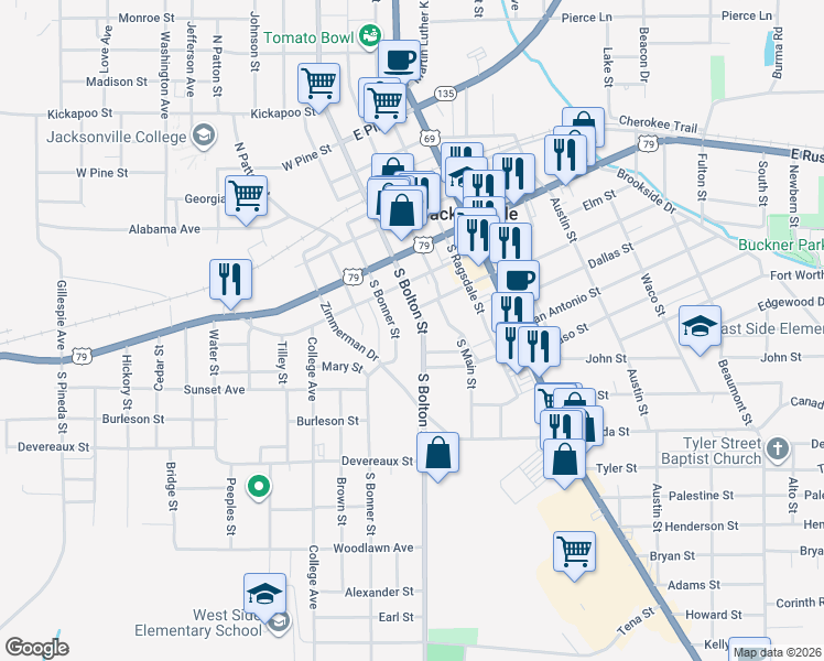 map of restaurants, bars, coffee shops, grocery stores, and more near 500 South Bolton Street in Jacksonville