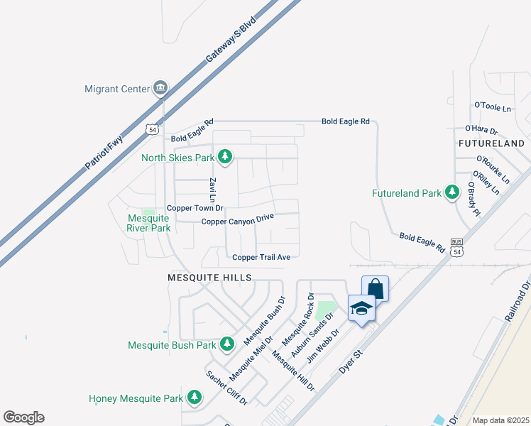 map of restaurants, bars, coffee shops, grocery stores, and more near 7204 Copper Town Drive in El Paso