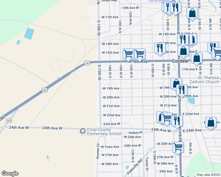 map of restaurants, bars, coffee shops, grocery stores, and more near 14th Street South in Cordele