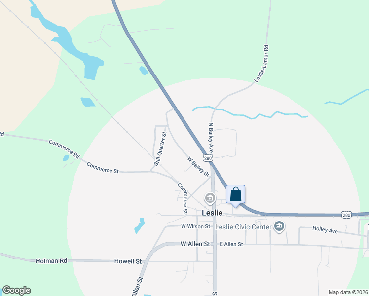 map of restaurants, bars, coffee shops, grocery stores, and more near 138 North Bailey Avenue in Leslie
