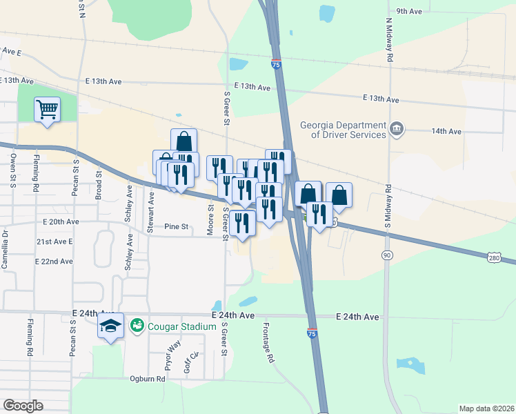 map of restaurants, bars, coffee shops, grocery stores, and more near 1710-1728 East 16th Avenue in Cordele