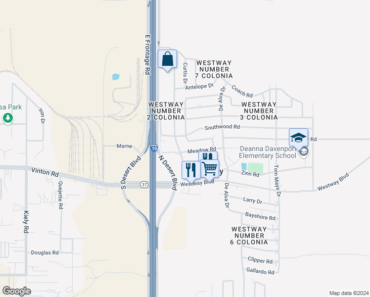map of restaurants, bars, coffee shops, grocery stores, and more near 705 Meadow Road in Canutillo