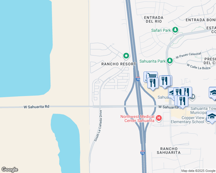 map of restaurants, bars, coffee shops, grocery stores, and more near 1265 West Calle De Sotelo in Sahuarita