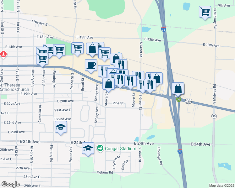 map of restaurants, bars, coffee shops, grocery stores, and more near 1506 East 16th Avenue in Cordele