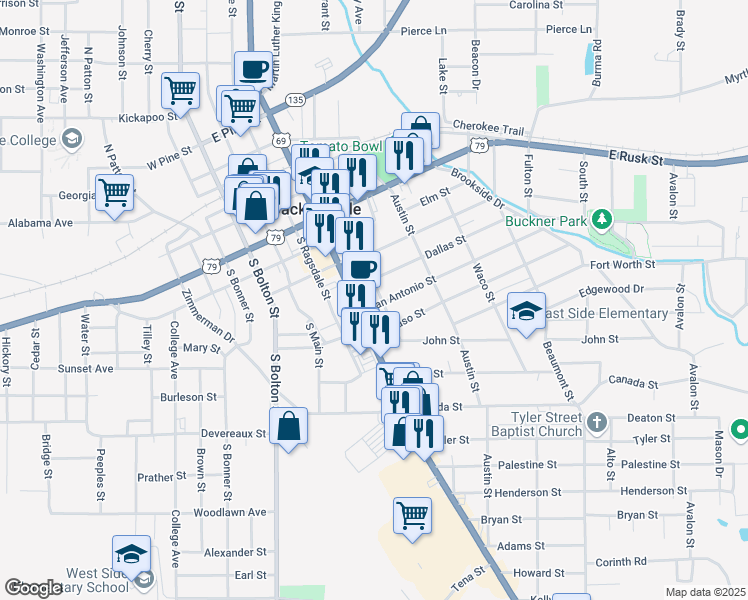 map of restaurants, bars, coffee shops, grocery stores, and more near 519 Neches Street in Jacksonville