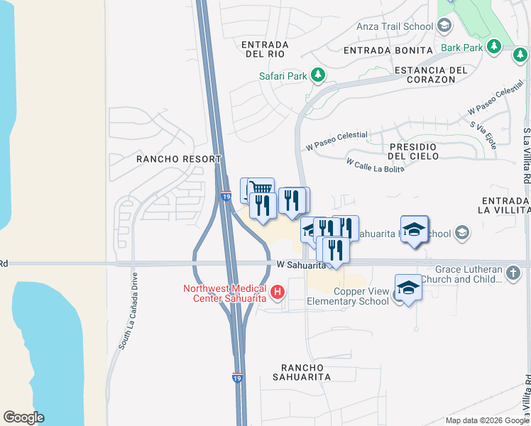 map of restaurants, bars, coffee shops, grocery stores, and more near 15950 Rancho Sahuarita Boulevard in Sahuarita