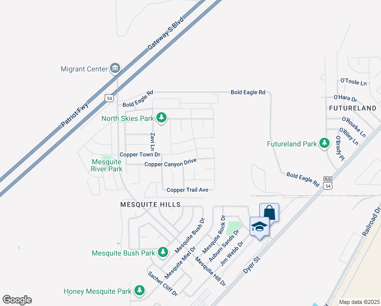 map of restaurants, bars, coffee shops, grocery stores, and more near 7204 Copper Town Drive in El Paso