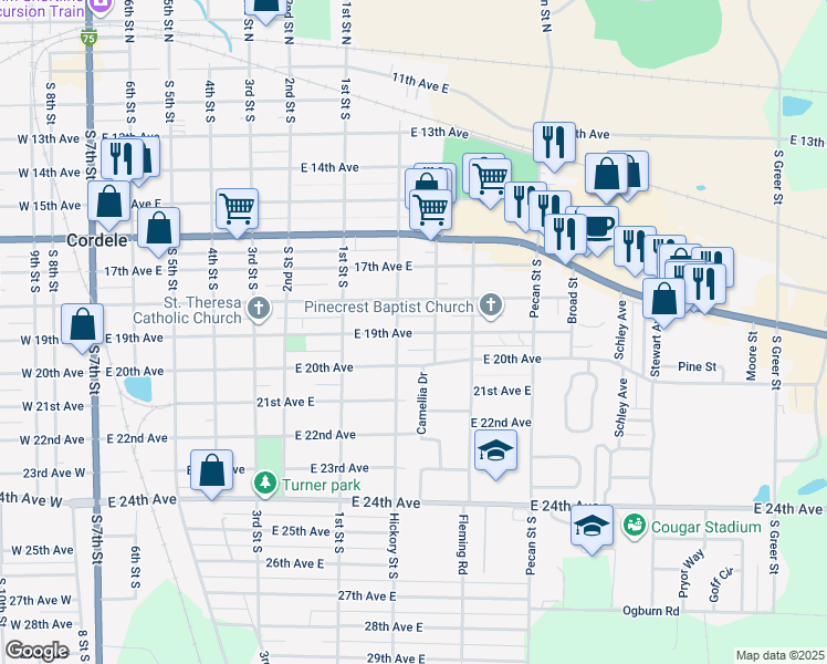 map of restaurants, bars, coffee shops, grocery stores, and more near 801 East 19th Avenue in Cordele