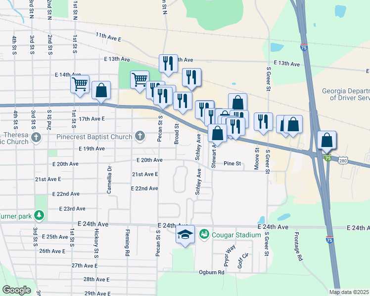 map of restaurants, bars, coffee shops, grocery stores, and more near 809 Broad Street in Cordele