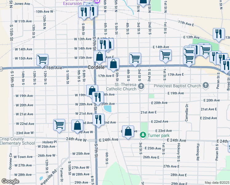 map of restaurants, bars, coffee shops, grocery stores, and more near 213 East 19th Avenue in Cordele
