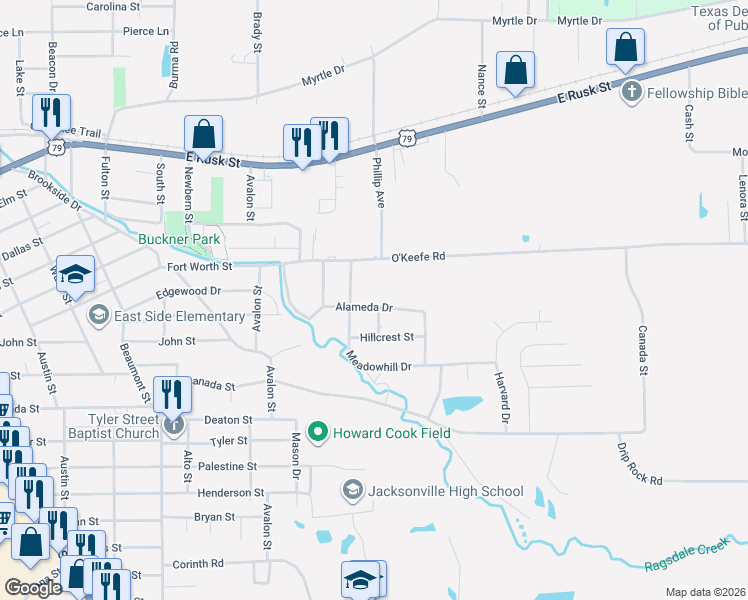 map of restaurants, bars, coffee shops, grocery stores, and more near 1414 Alameda Drive in Jacksonville