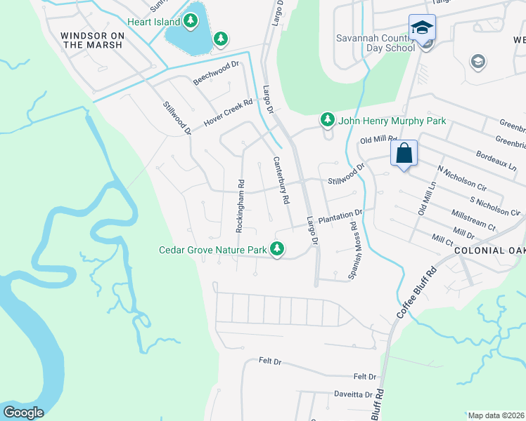 map of restaurants, bars, coffee shops, grocery stores, and more near 13 South Stillwood Court in Savannah