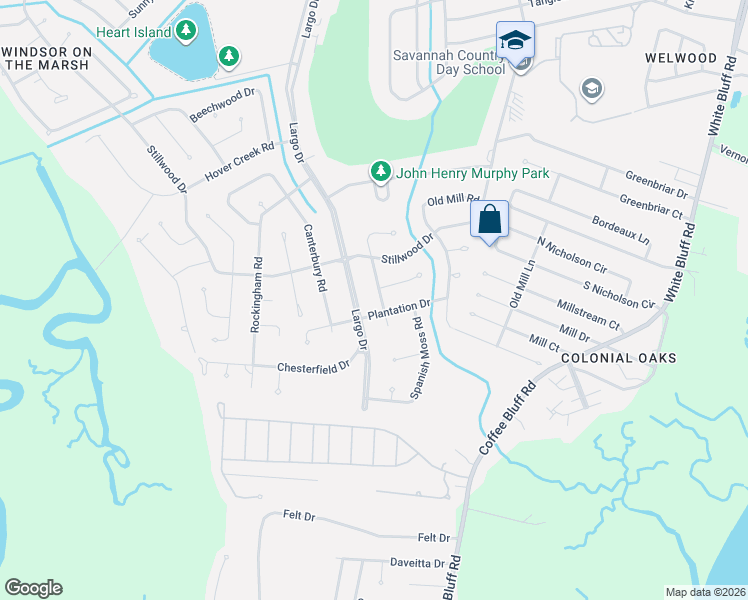 map of restaurants, bars, coffee shops, grocery stores, and more near 13114 Largo Drive in Savannah