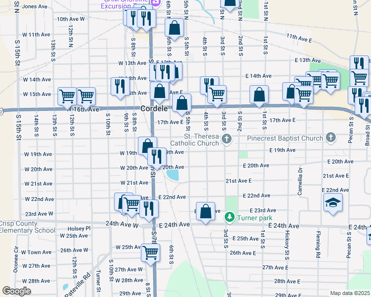 map of restaurants, bars, coffee shops, grocery stores, and more near 213 East 19th Avenue in Cordele