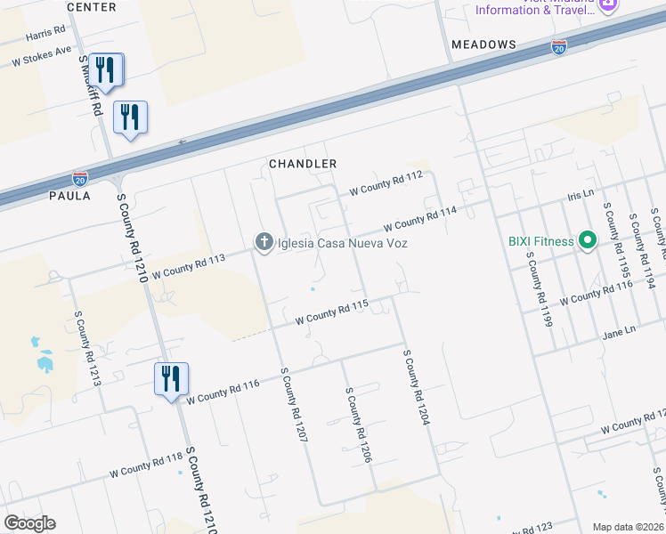 map of restaurants, bars, coffee shops, grocery stores, and more near 2901 West County Road 114 in Midland