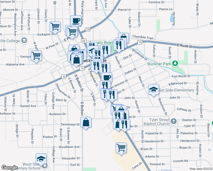 map of restaurants, bars, coffee shops, grocery stores, and more near 519 Neches Street in Jacksonville