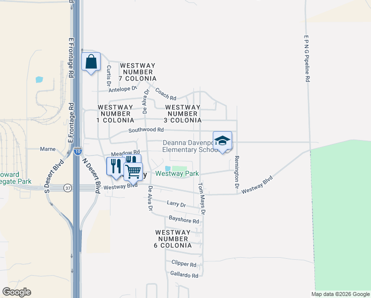 map of restaurants, bars, coffee shops, grocery stores, and more near 1305 Meadow Road in Canutillo