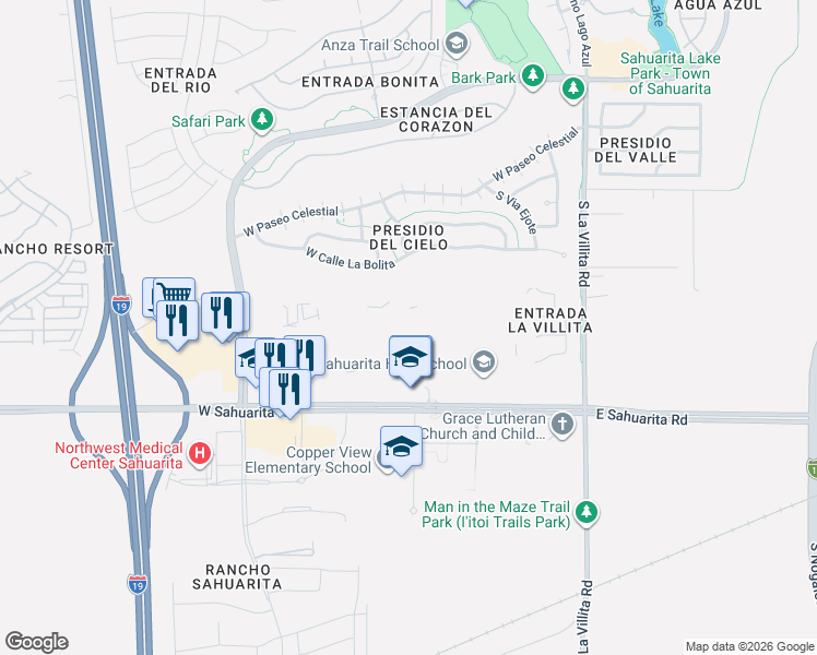 map of restaurants, bars, coffee shops, grocery stores, and more near 350 West Sahuarita Road in Sahuarita