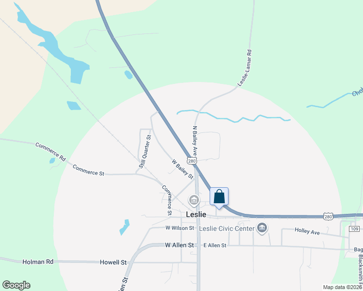 map of restaurants, bars, coffee shops, grocery stores, and more near 138 North Bailey Avenue in Leslie