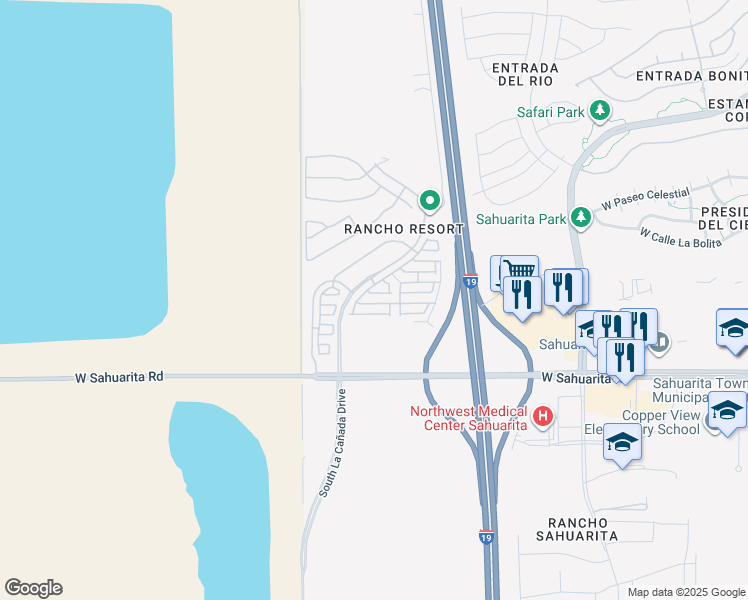 map of restaurants, bars, coffee shops, grocery stores, and more near 1265 West Calle De Sotelo in Sahuarita