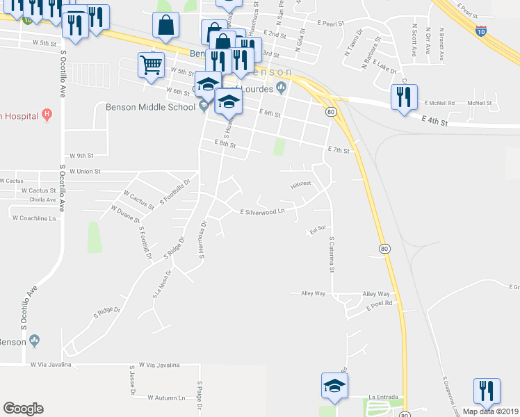 map of restaurants, bars, coffee shops, grocery stores, and more near 680 South Valley View Street in Benson