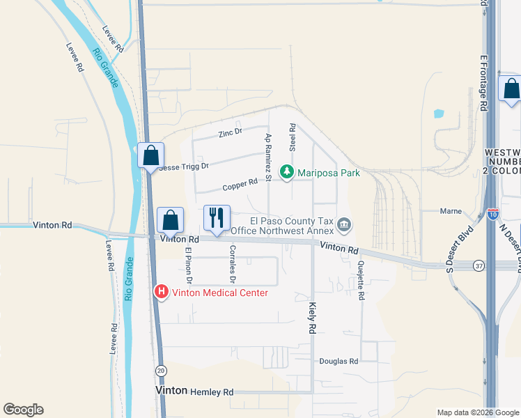 map of restaurants, bars, coffee shops, grocery stores, and more near 8051 Ap Ramirez Street in Vinton
