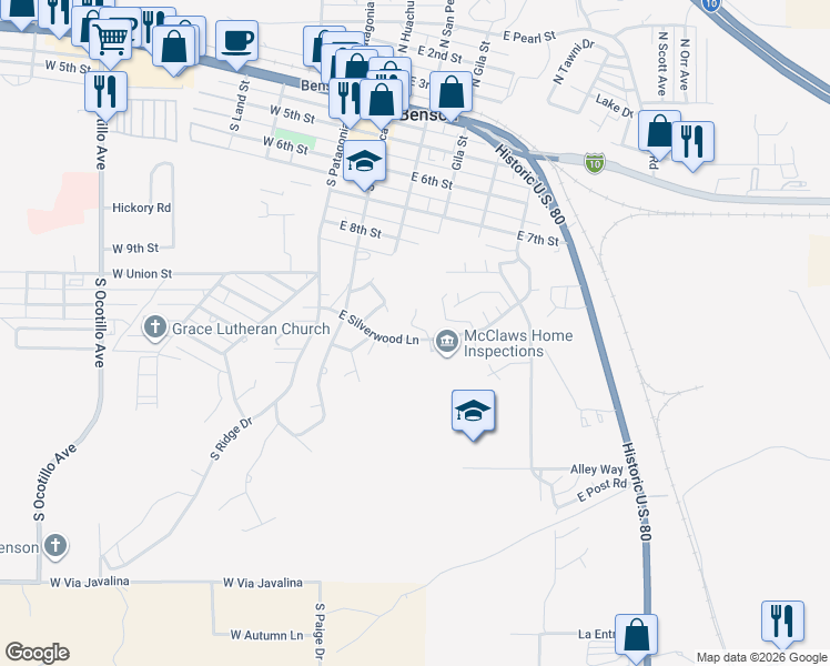 map of restaurants, bars, coffee shops, grocery stores, and more near 680 South Valley View Street in Benson