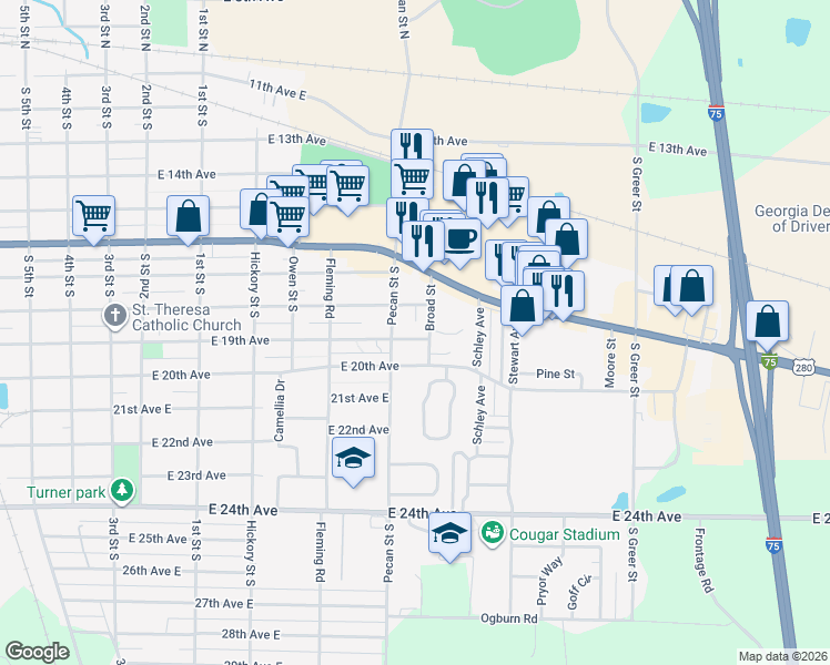 map of restaurants, bars, coffee shops, grocery stores, and more near 1112 East 19th Avenue in Cordele