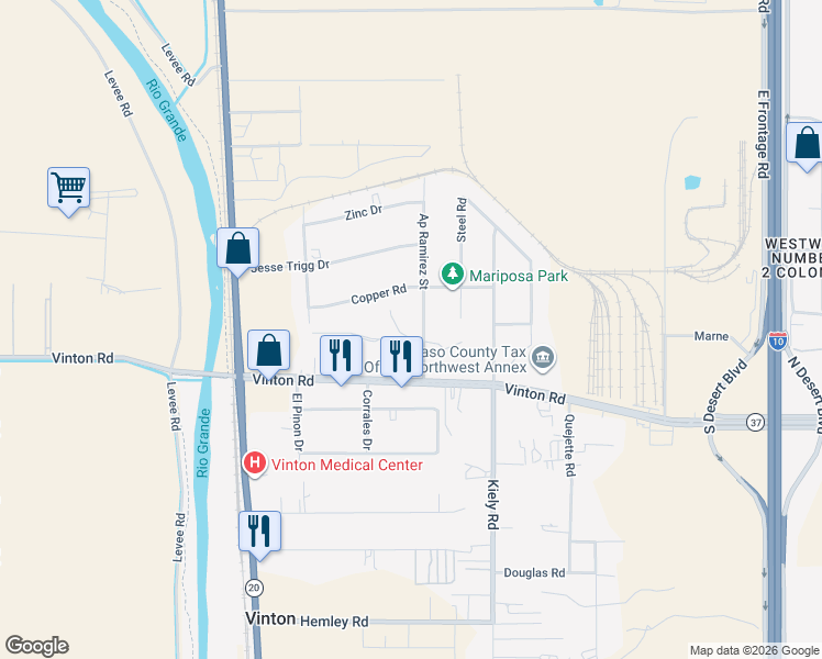 map of restaurants, bars, coffee shops, grocery stores, and more near 8051 Ap Ramirez Street in Vinton