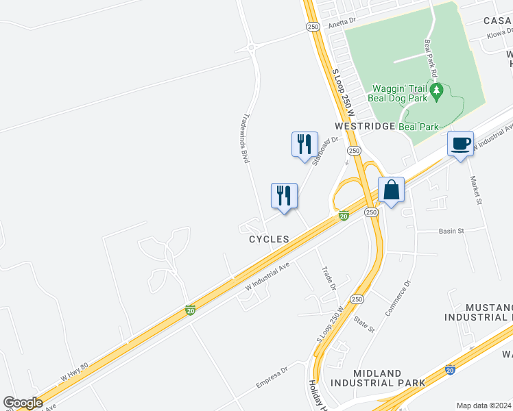 map of restaurants, bars, coffee shops, grocery stores, and more near 1808 Tradewinds Boulevard in Midland