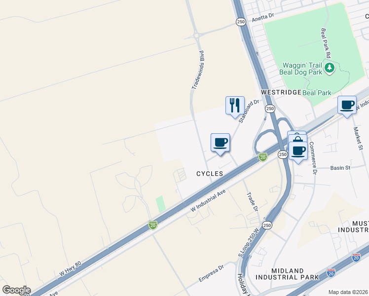 map of restaurants, bars, coffee shops, grocery stores, and more near 1808 Tradewinds Boulevard in Midland