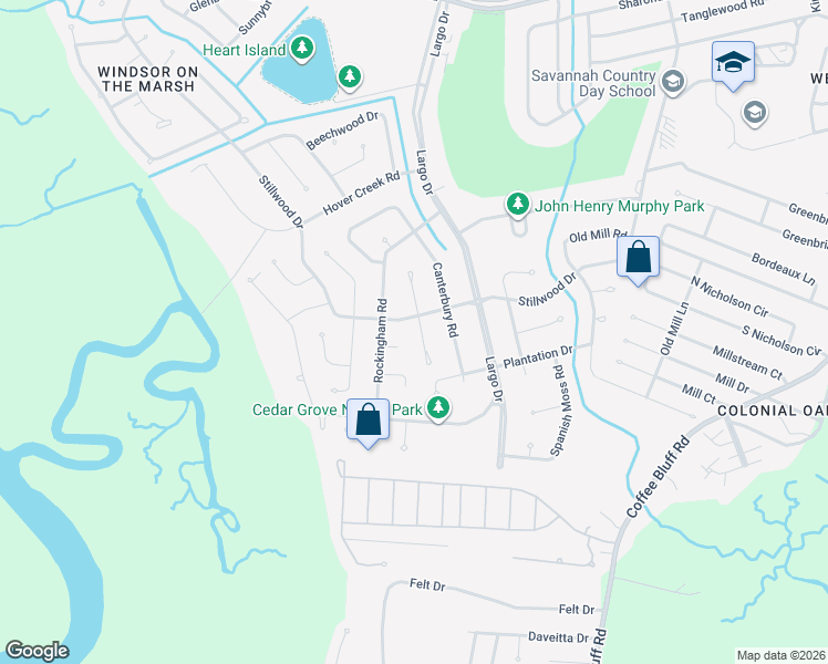 map of restaurants, bars, coffee shops, grocery stores, and more near 13 South Stillwood Court in Savannah