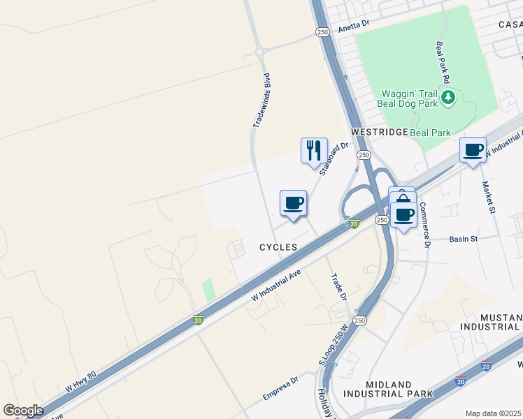 map of restaurants, bars, coffee shops, grocery stores, and more near 1808 Tradewinds Boulevard in Midland