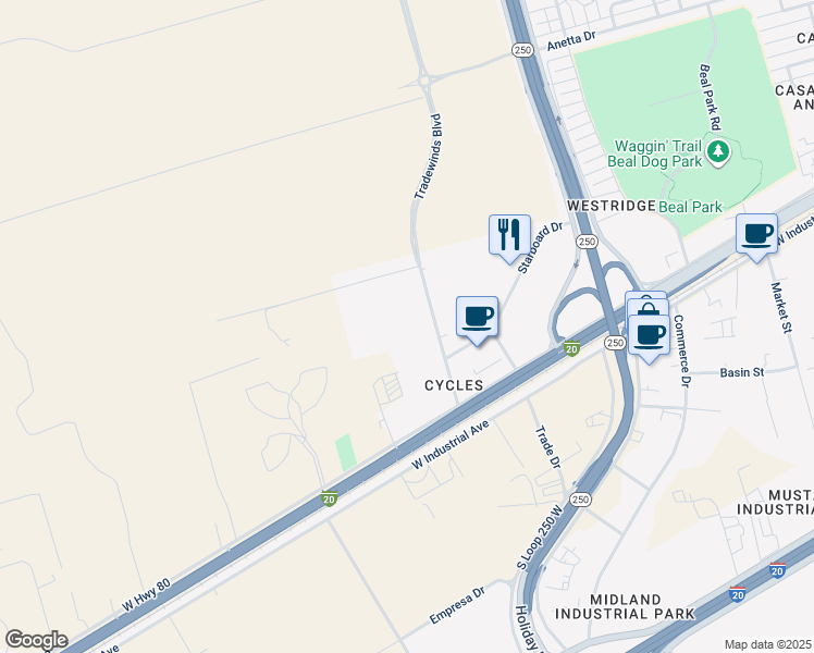 map of restaurants, bars, coffee shops, grocery stores, and more near 1808 Tradewinds Boulevard in Midland