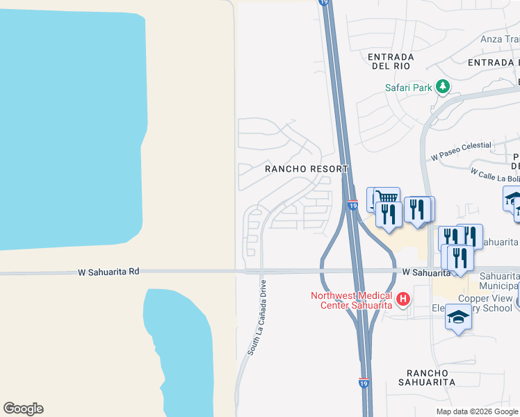 map of restaurants, bars, coffee shops, grocery stores, and more near 1321 West Vuelta del Yunque in Sahuarita