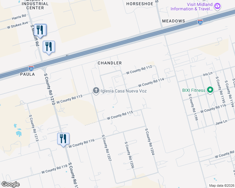 map of restaurants, bars, coffee shops, grocery stores, and more near 2901 West County Road 114 in Midland