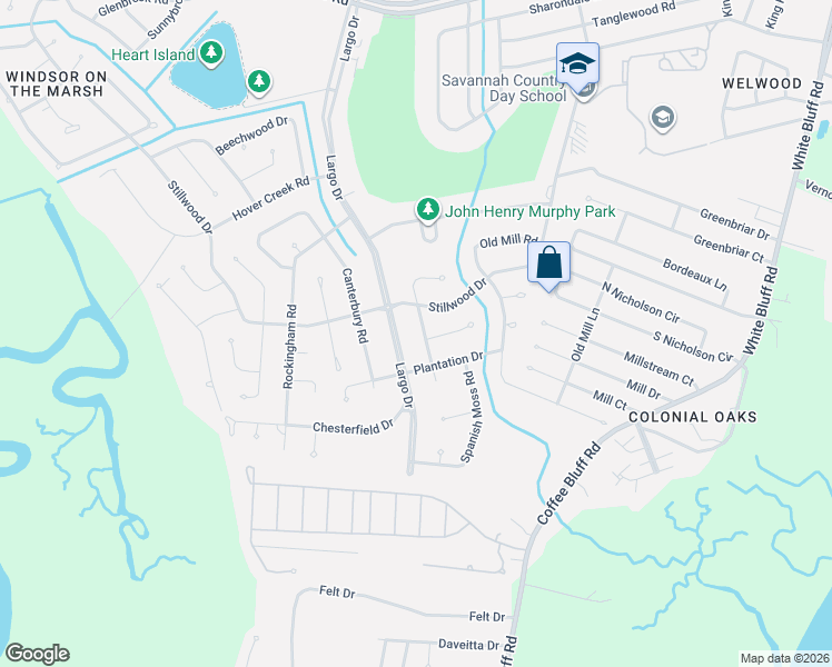 map of restaurants, bars, coffee shops, grocery stores, and more near 13114 Largo Drive in Savannah