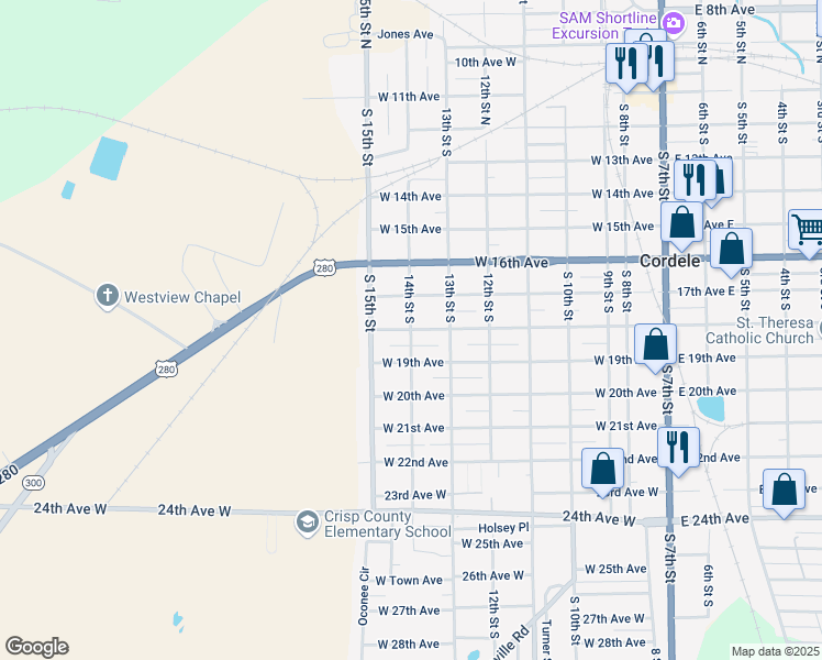 map of restaurants, bars, coffee shops, grocery stores, and more near 14th Street South in Cordele
