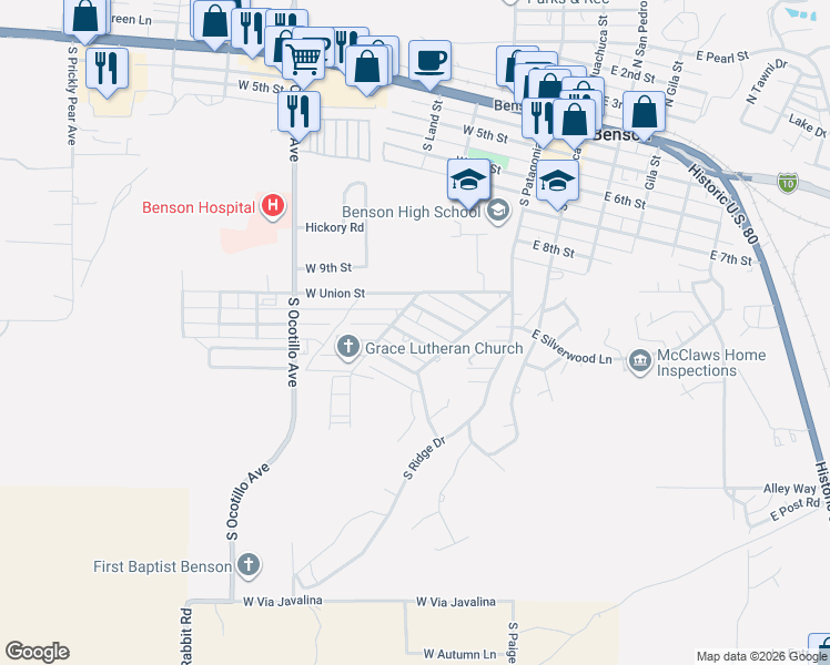 map of restaurants, bars, coffee shops, grocery stores, and more near 302 West Cactus Street in Benson