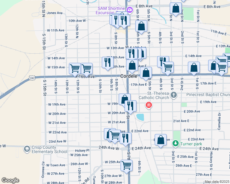 map of restaurants, bars, coffee shops, grocery stores, and more near 708 South 8th Street in Cordele