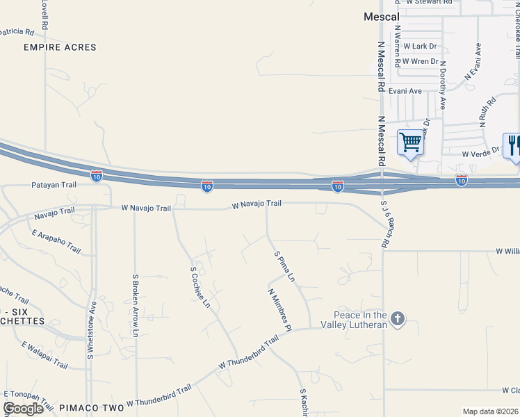 map of restaurants, bars, coffee shops, grocery stores, and more near 172 South Pima Lane in Benson