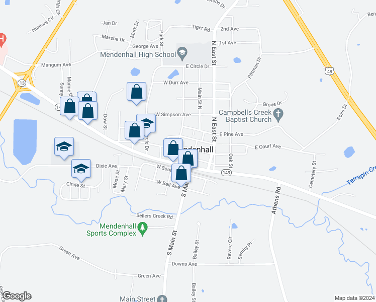 map of restaurants, bars, coffee shops, grocery stores, and more near 136-198 West Maud Avenue in Mendenhall